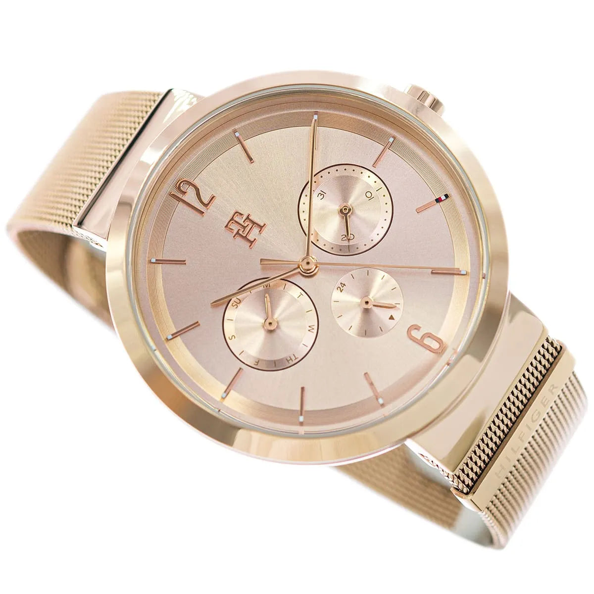 Tommy Hilfiger Lidia rose gold dial detail with chronograph subdials and rose gold hands