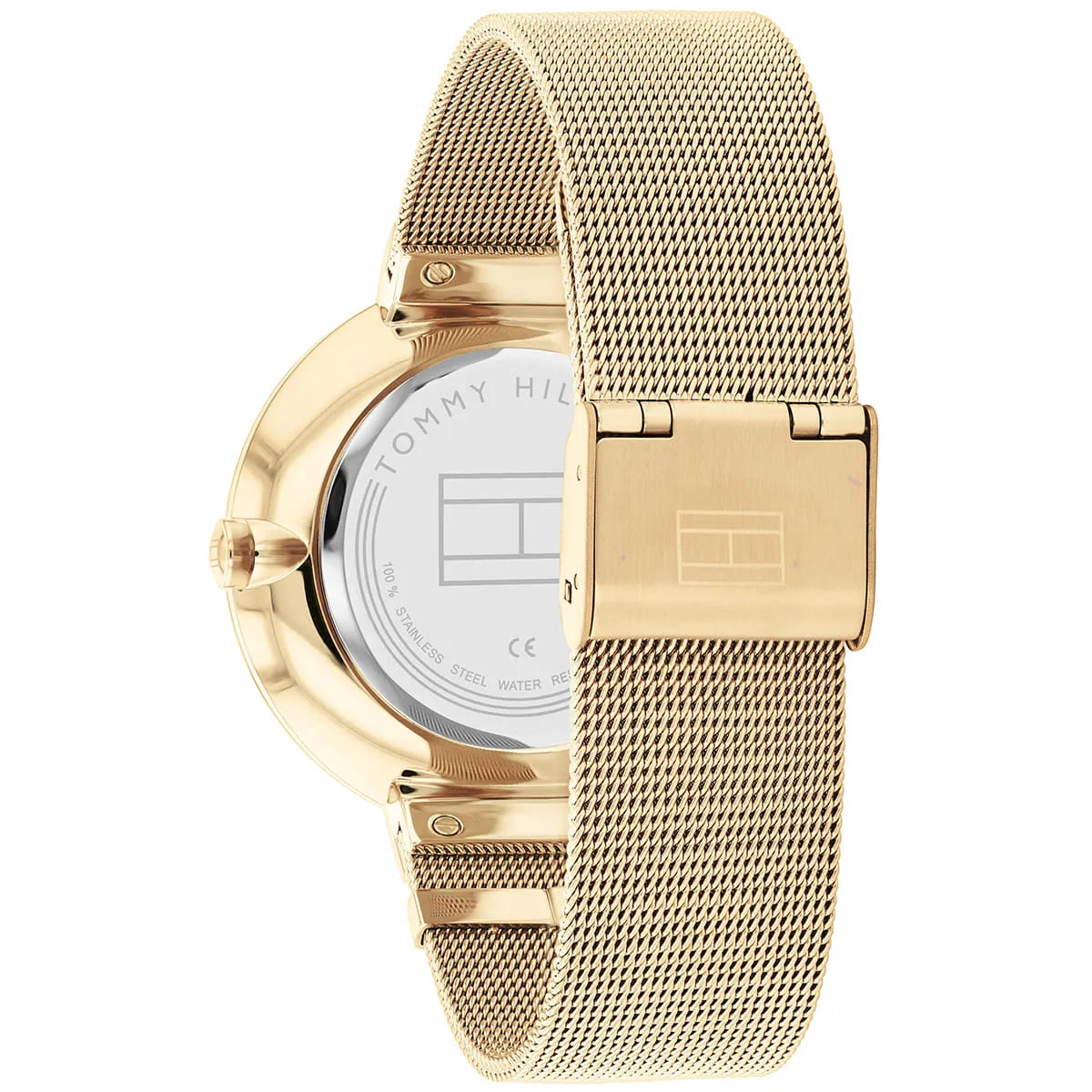 Tommy Hilfiger Lidia watch caseback with gold mesh strap and fold-over clasp