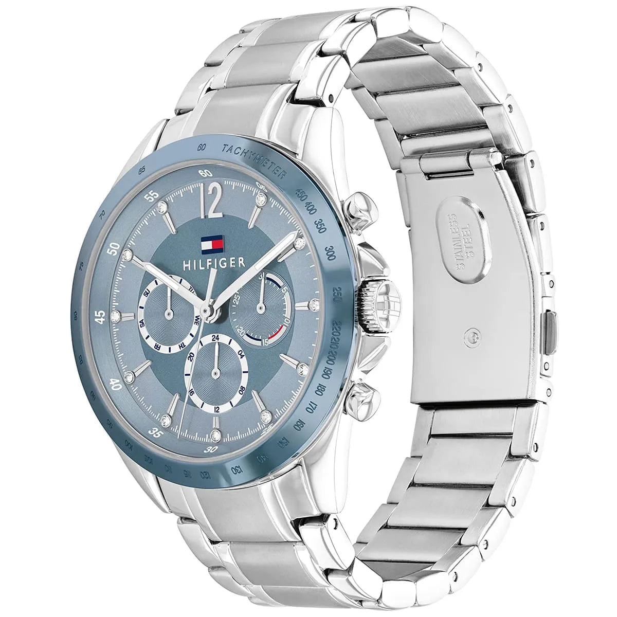 Tommy Hilfiger Kenzie chronograph watch three-quarter view showing blue bezel and metal bracelet