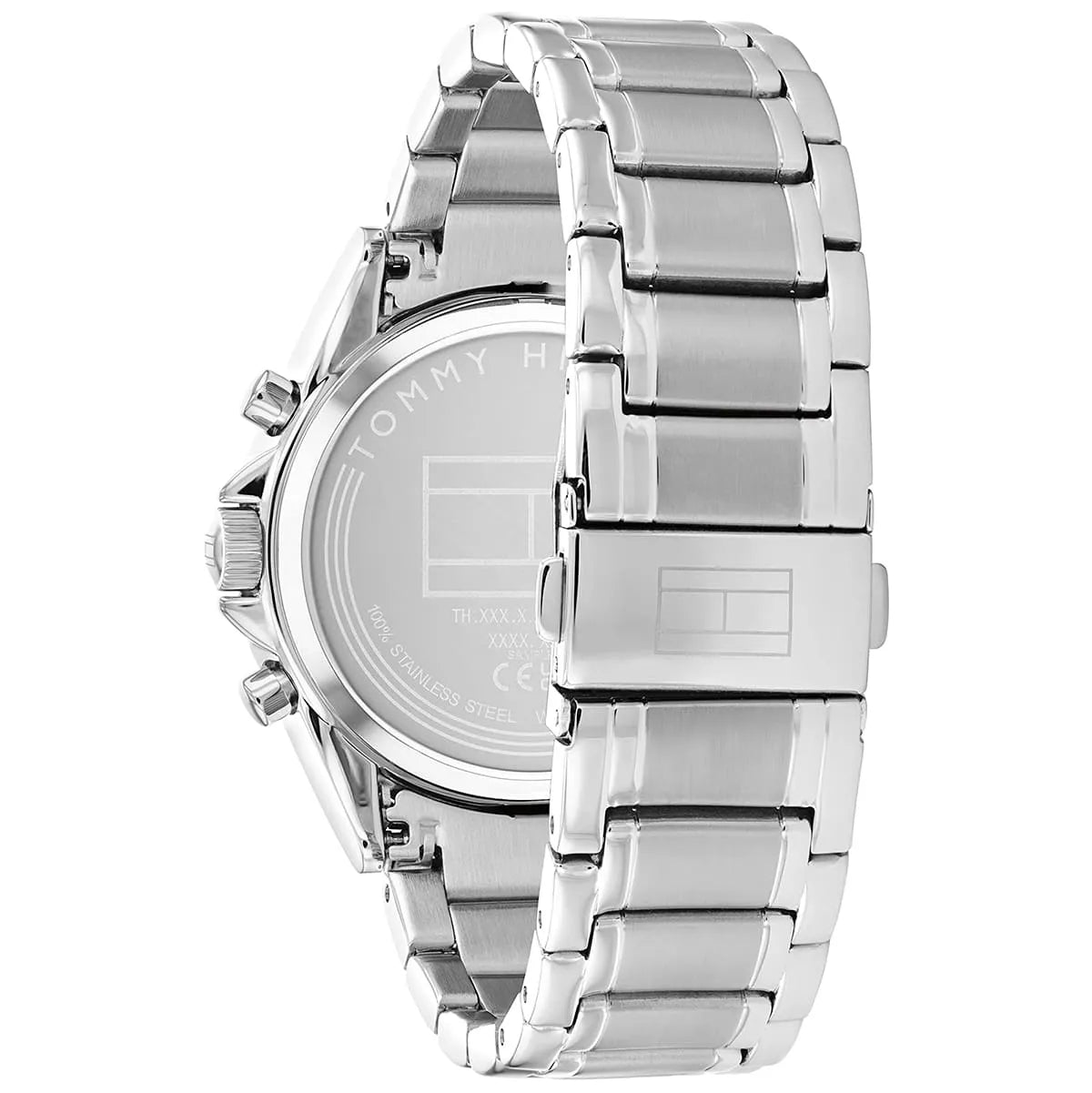 Tommy Hilfiger Kenzie watch caseback showing stainless steel bracelet and closed back