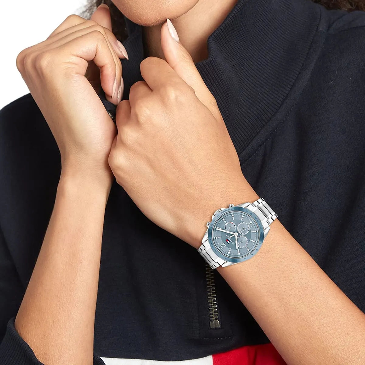 Tommy Hilfiger Kenzie blue dial chronograph watch worn on woman's wrist