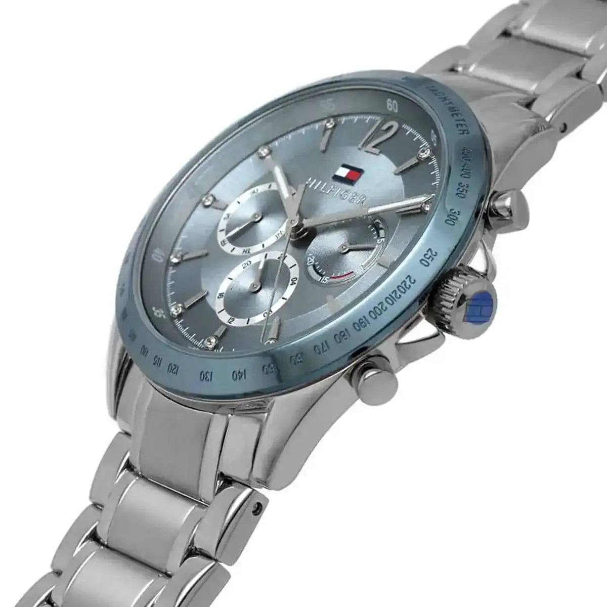 Tommy Hilfiger Kenzie watch side view with stainless steel bracelet and chronograph pushers