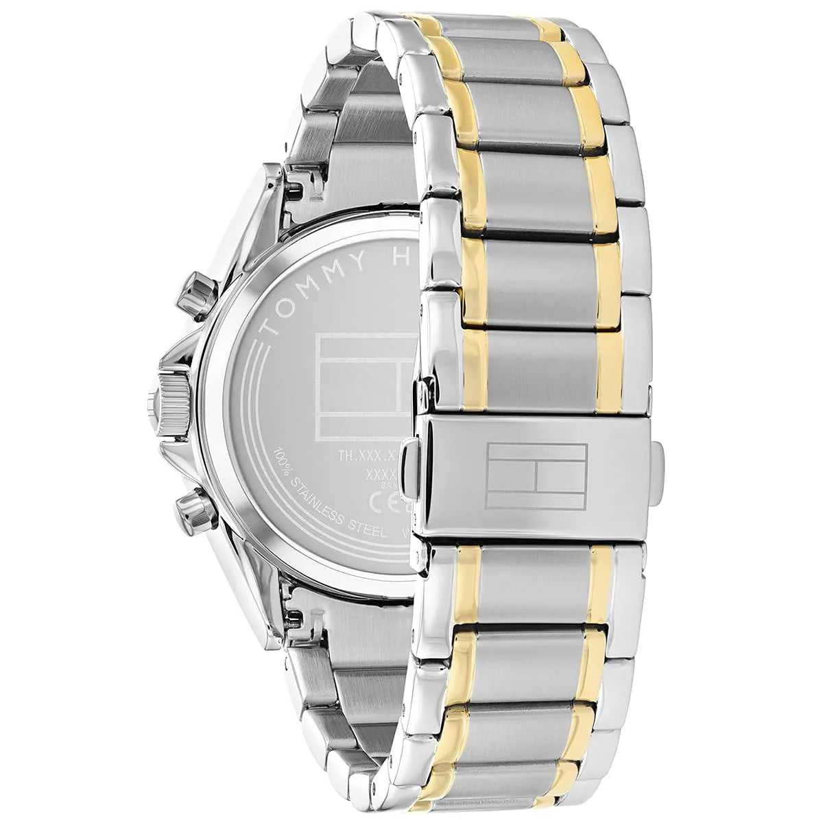 Side view of two-tone bracelet showing silver and gold stainless steel links