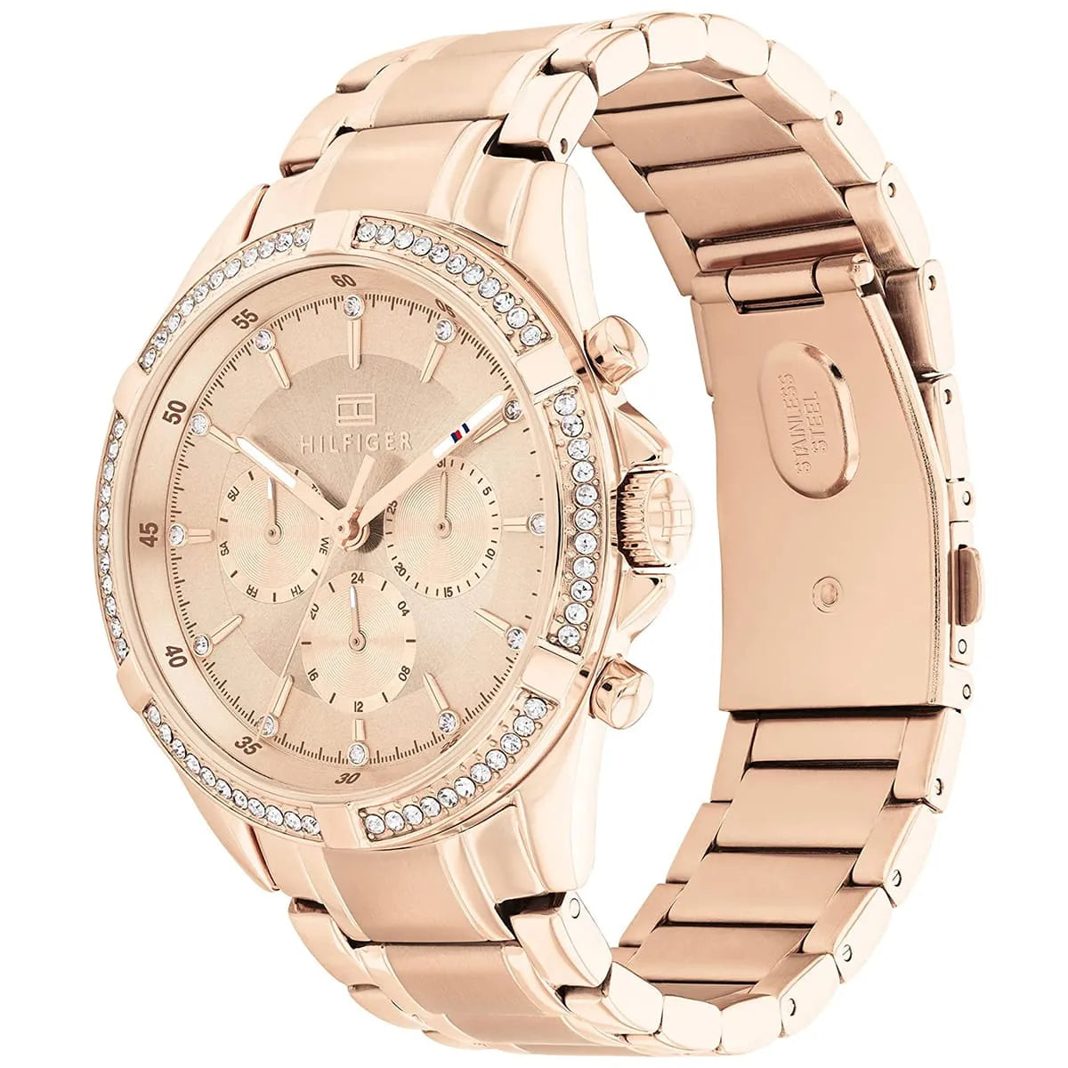 Side angle view of Tommy Hilfiger women's rose gold chronograph watch with metal bracelet