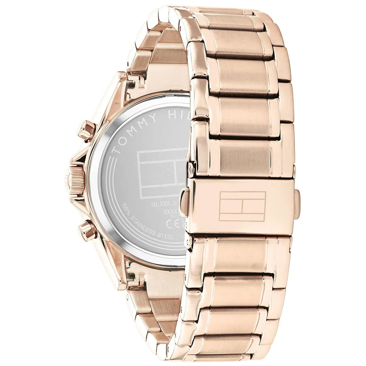 Caseback view of Tommy Hilfiger women's rose gold chronograph watch showing transparent case back