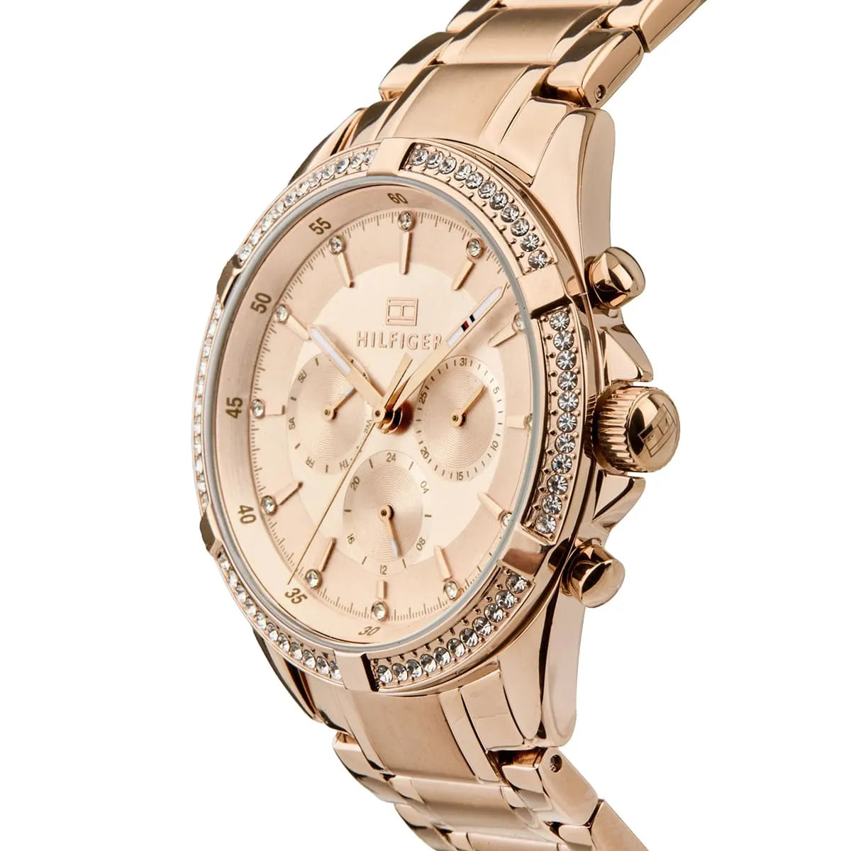 Close-up detail of Tommy Hilfiger rose gold chronograph dial with crystal-set bezel and chronograph subdials