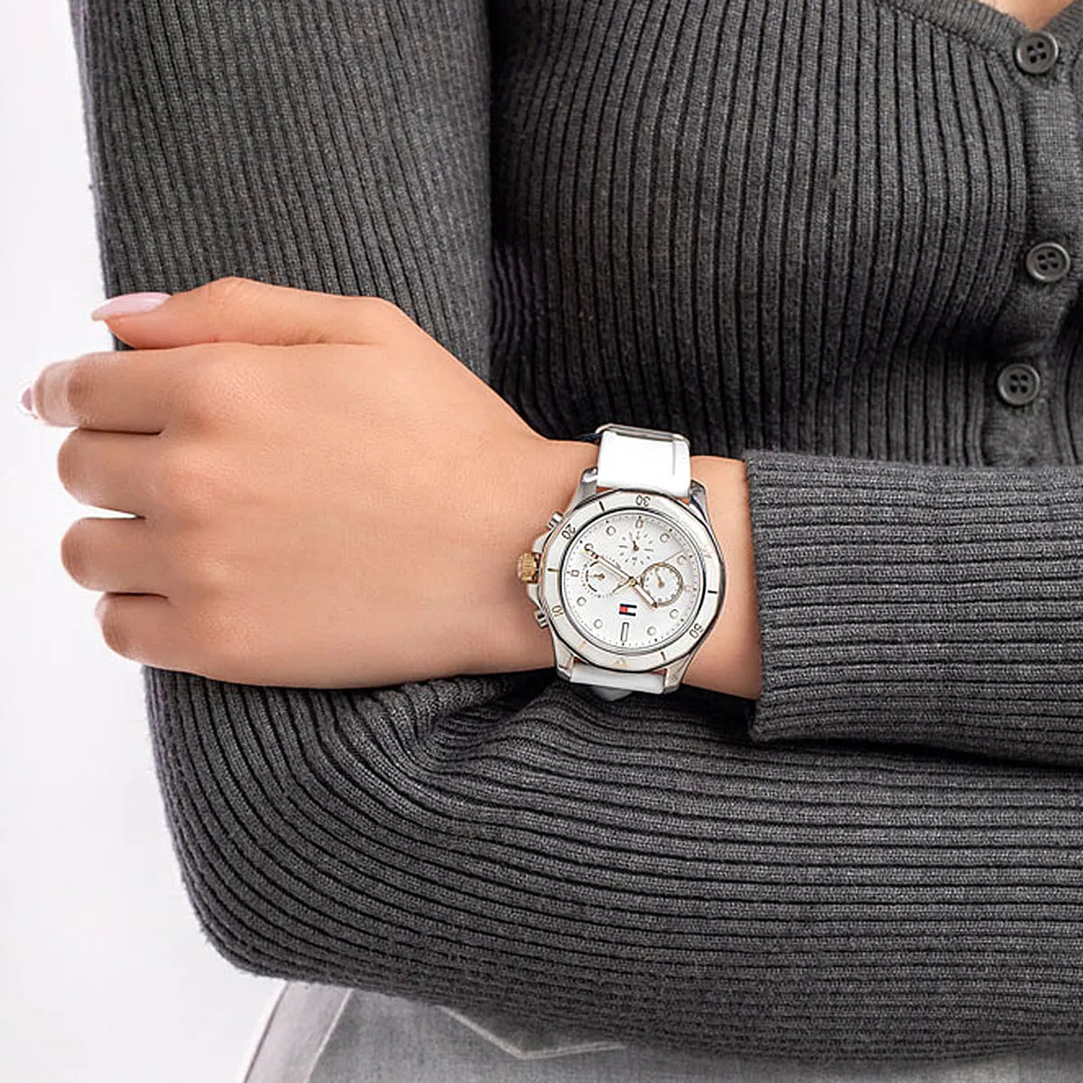 Tommy Hilfiger Libby watch worn on wrist, white dial and strap visible on woman's arm