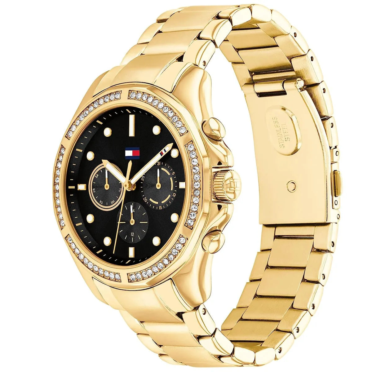 Side angle view of Tommy Hilfiger Libby women's watch showing gold stainless steel bracelet and case