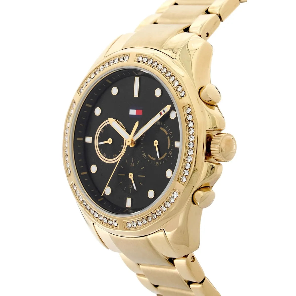 Side profile of Tommy Hilfiger Libby women's watch with gold metal bracelet and chronograph dial
