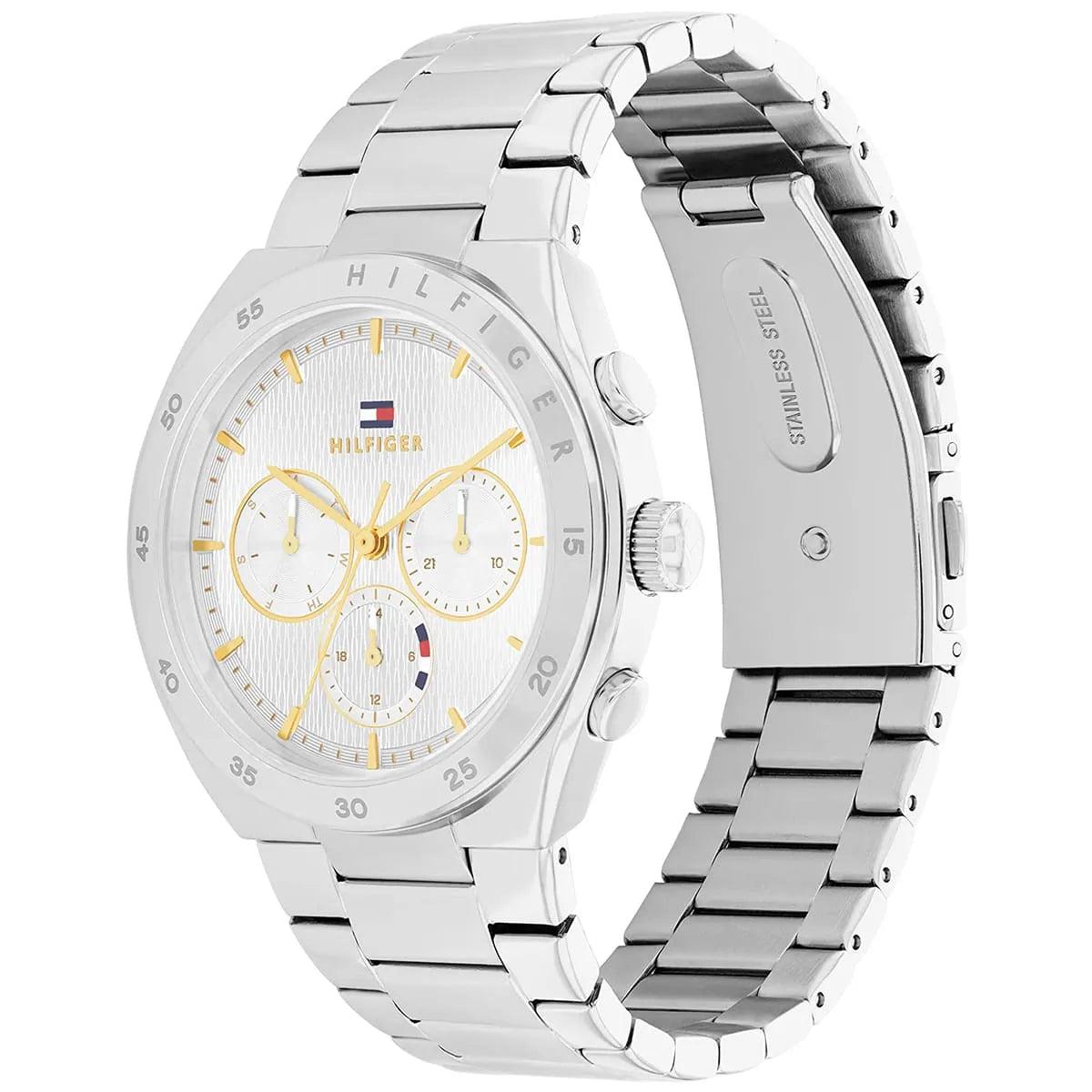 Tommy Hilfiger Libby watch shown from angled view with full stainless steel metal band
