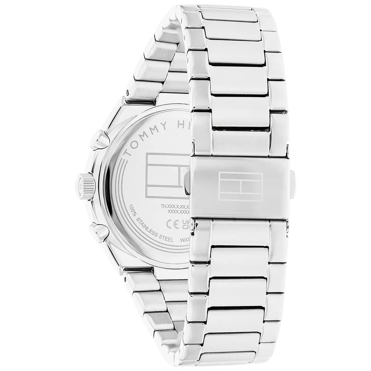 Side view of Tommy Hilfiger Libby watch showing case profile and articulated steel bracelet