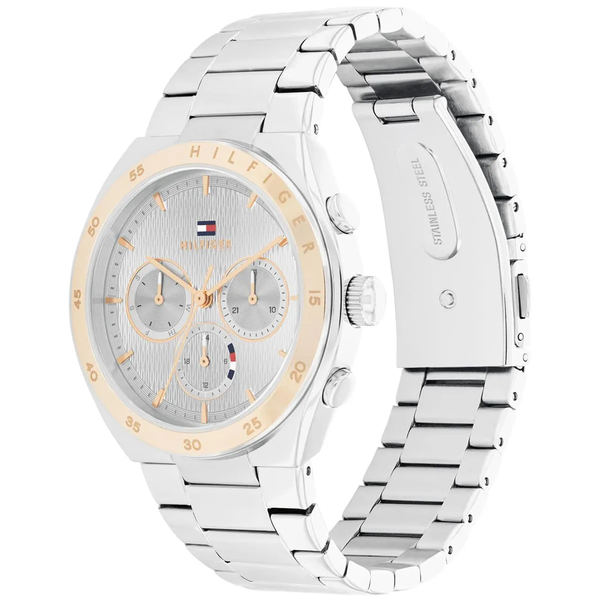 Tommy Hilfiger women's watch angled view showing gray dial, rose gold bezel, and adjustable metal bracelet