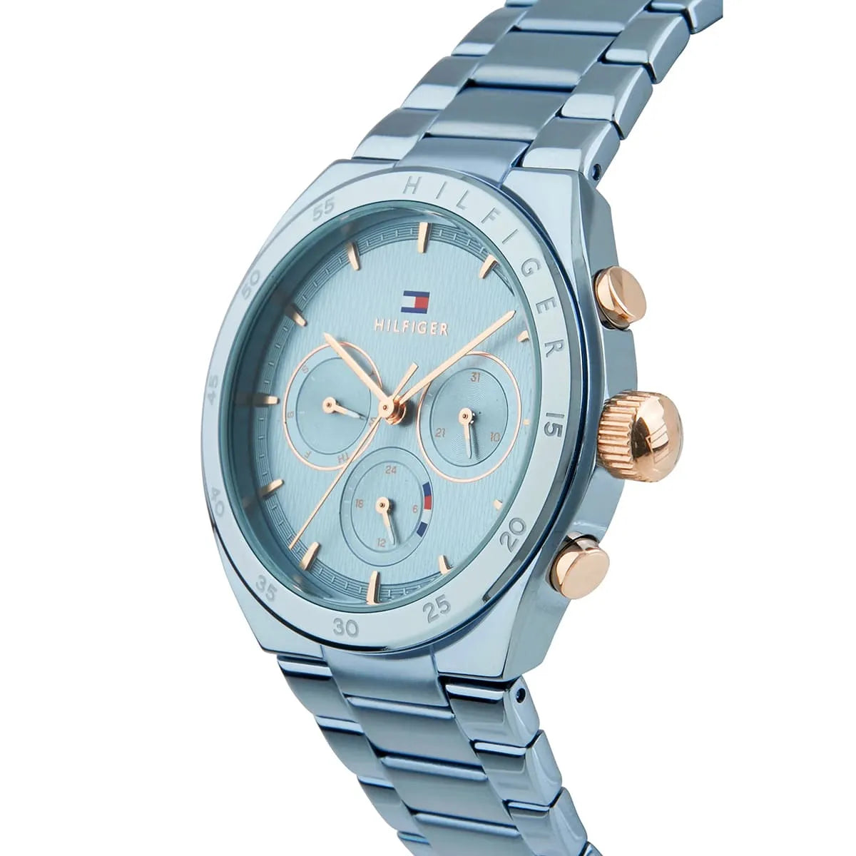 Tommy Hilfiger Carrie women's chronograph watch with blue dial and rose gold accents, angled view