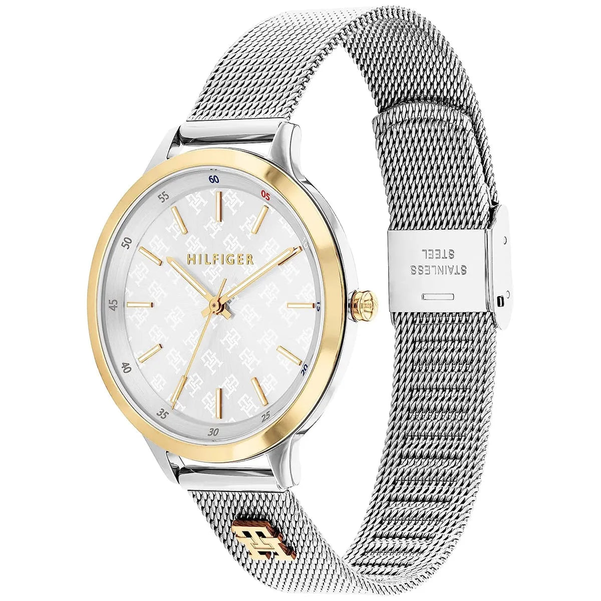Tommy Hilfiger Iris watch angled view showing white dial and silver mesh strap