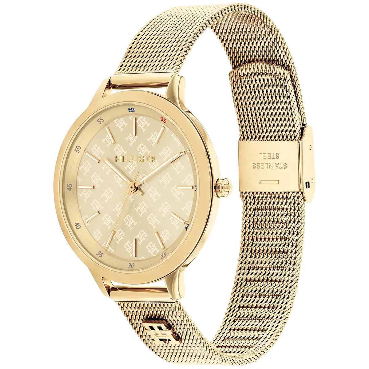 Tommy Hilfiger women's watch side angle showing gold mesh strap and round case