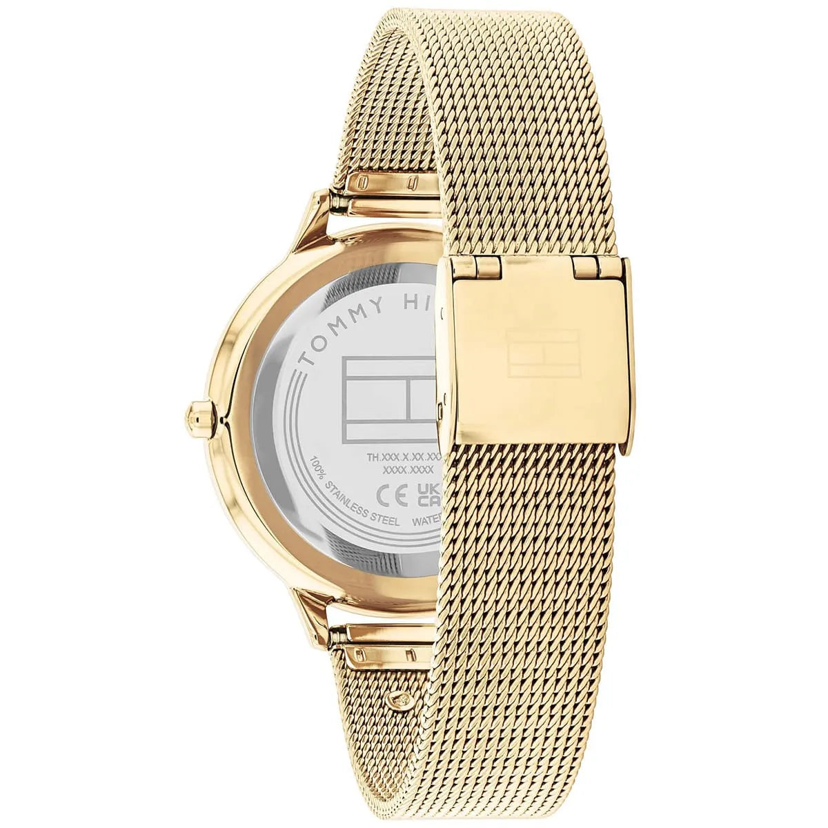Tommy Hilfiger watch caseback showing stainless steel construction and specifications