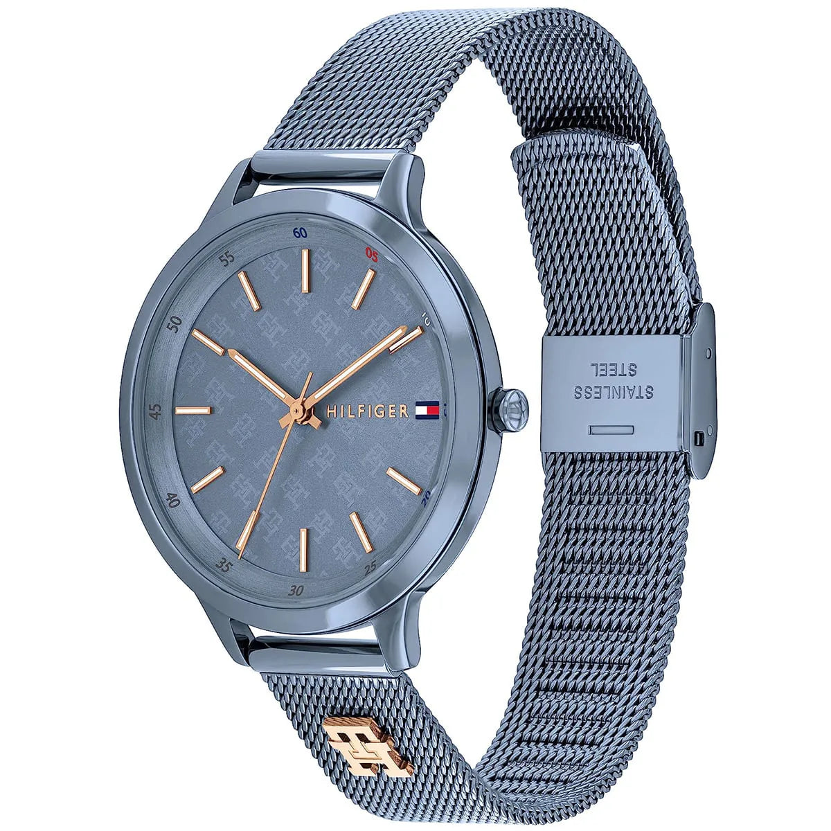 Tommy Hilfiger Iris watch at angle showing blue mesh band with logo detail and blue dial