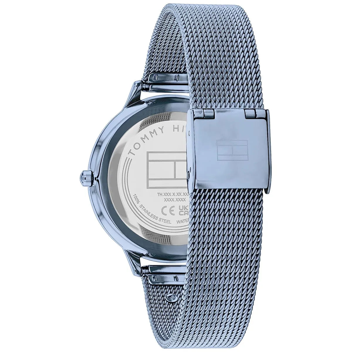 Tommy Hilfiger Iris watch caseback showing stainless steel case with engraved details and specifications