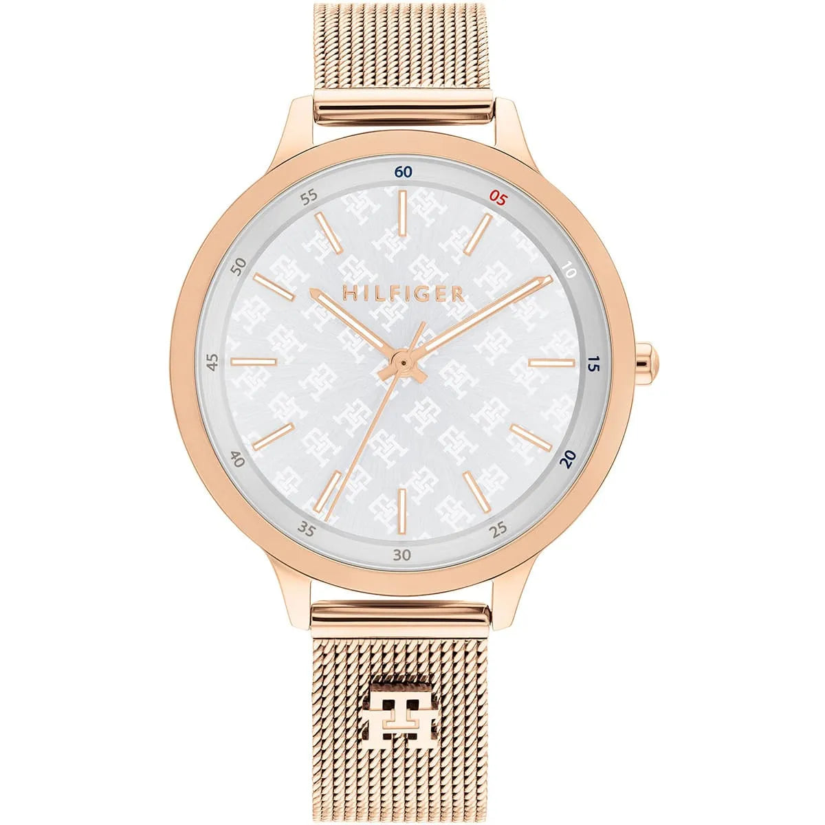 Tommy Hilfiger rose gold women's watch with silver dial and mesh strap