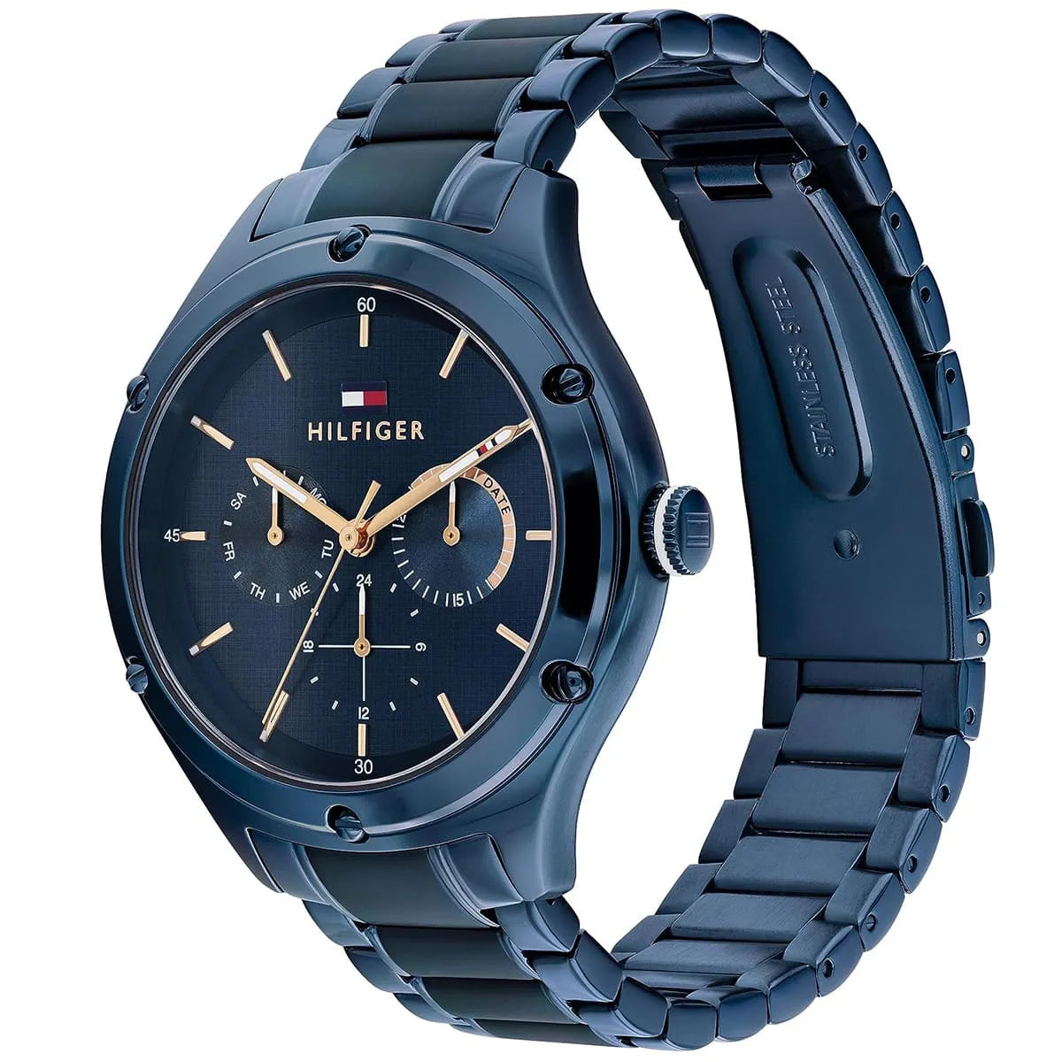 Side profile of Tommy Hilfiger LEXI watch showing blue case and metal bracelet