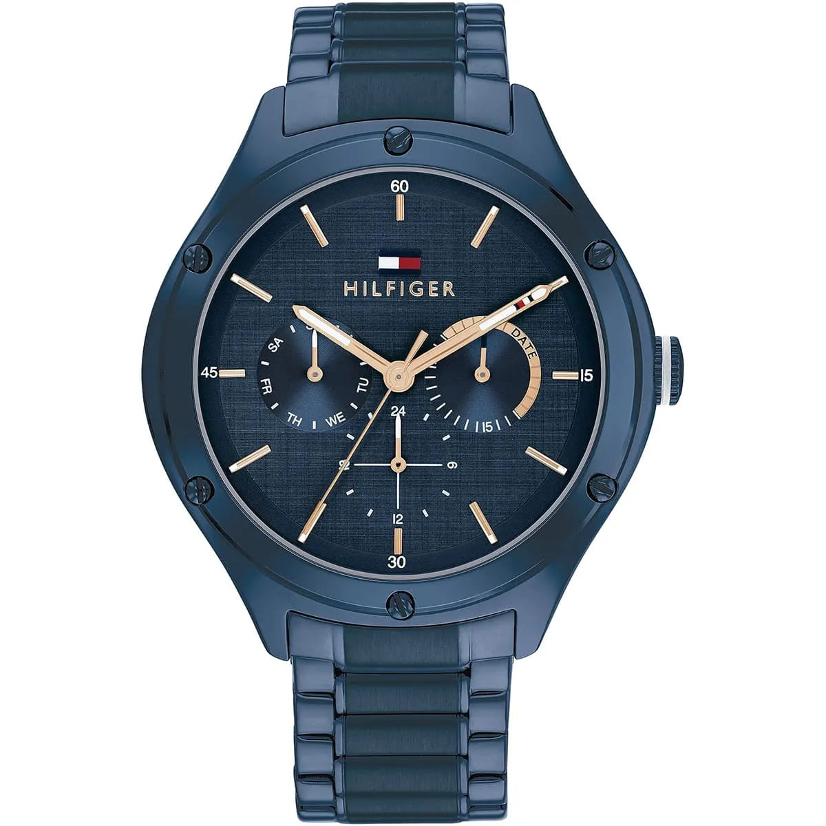 Tommy Hilfiger LEXI women's watch with blue dial, gold hands, and blue stainless steel bracelet