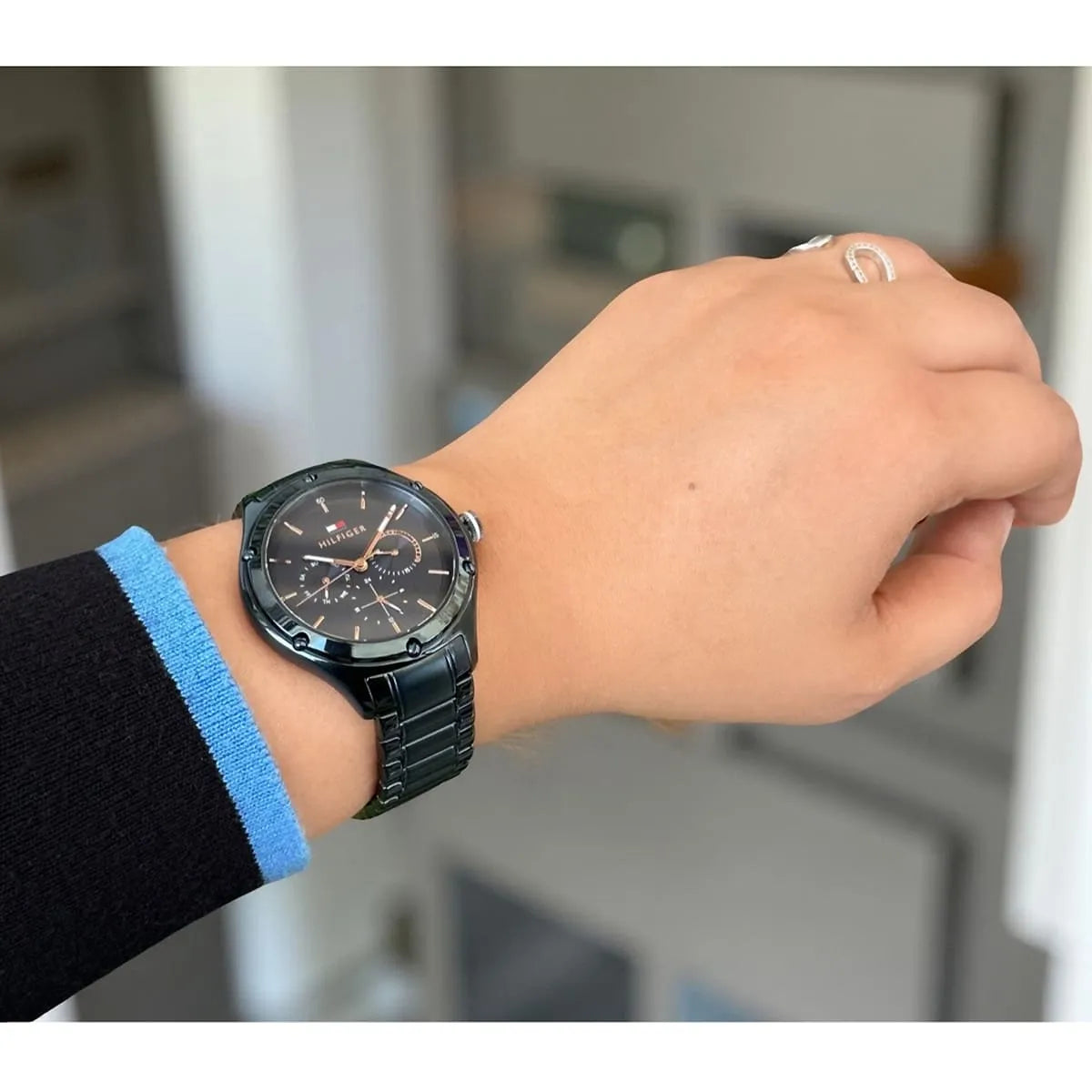Tommy Hilfiger LEXI blue watch on wrist showing dial and band