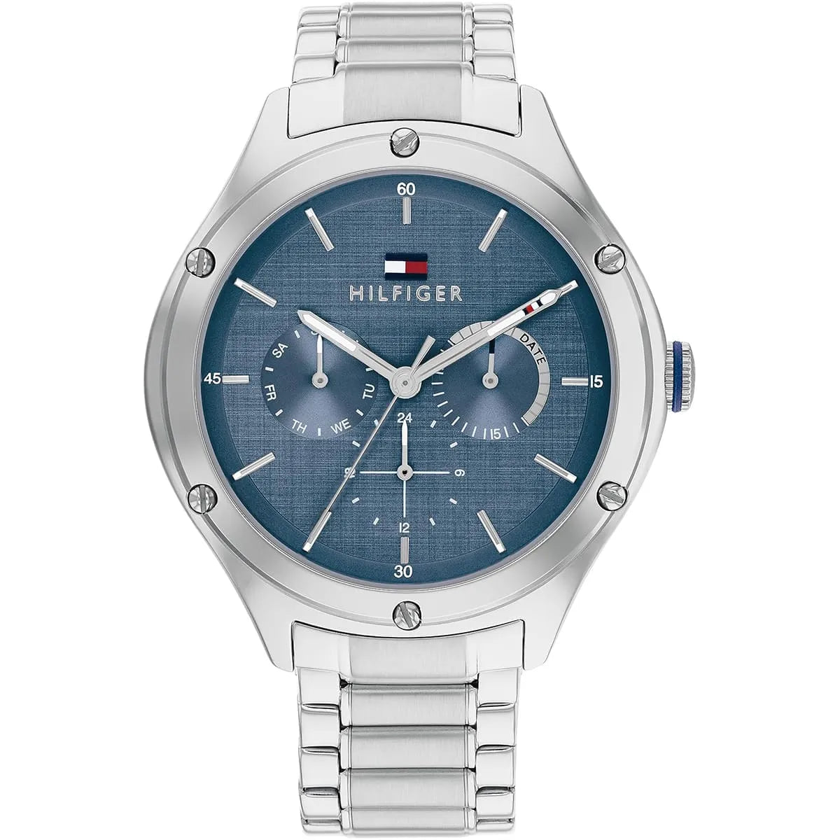 Tommy Hilfiger chronograph watch with blue dial and silver stainless steel strap