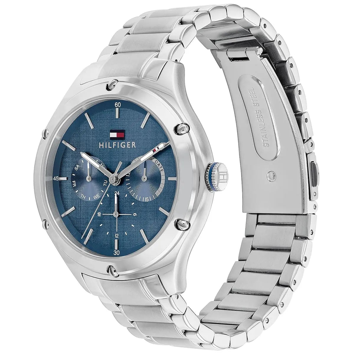 Side angle view of Tommy Hilfiger chronograph with silver stainless steel metal bracelet