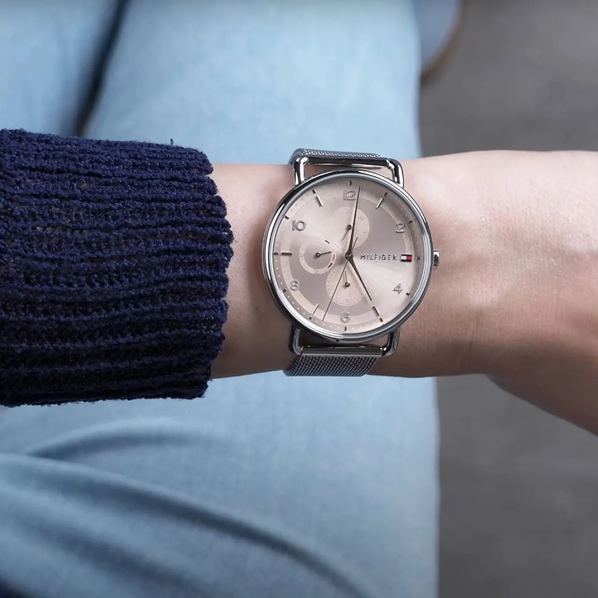 Tommy Hilfiger Lily watch on wrist showing dial and mesh strap detail