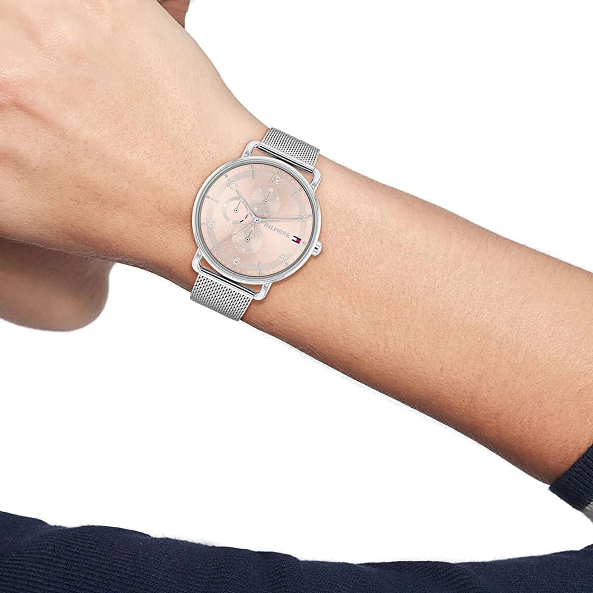 Tommy Hilfiger Lily women's watch on wrist with silver mesh band