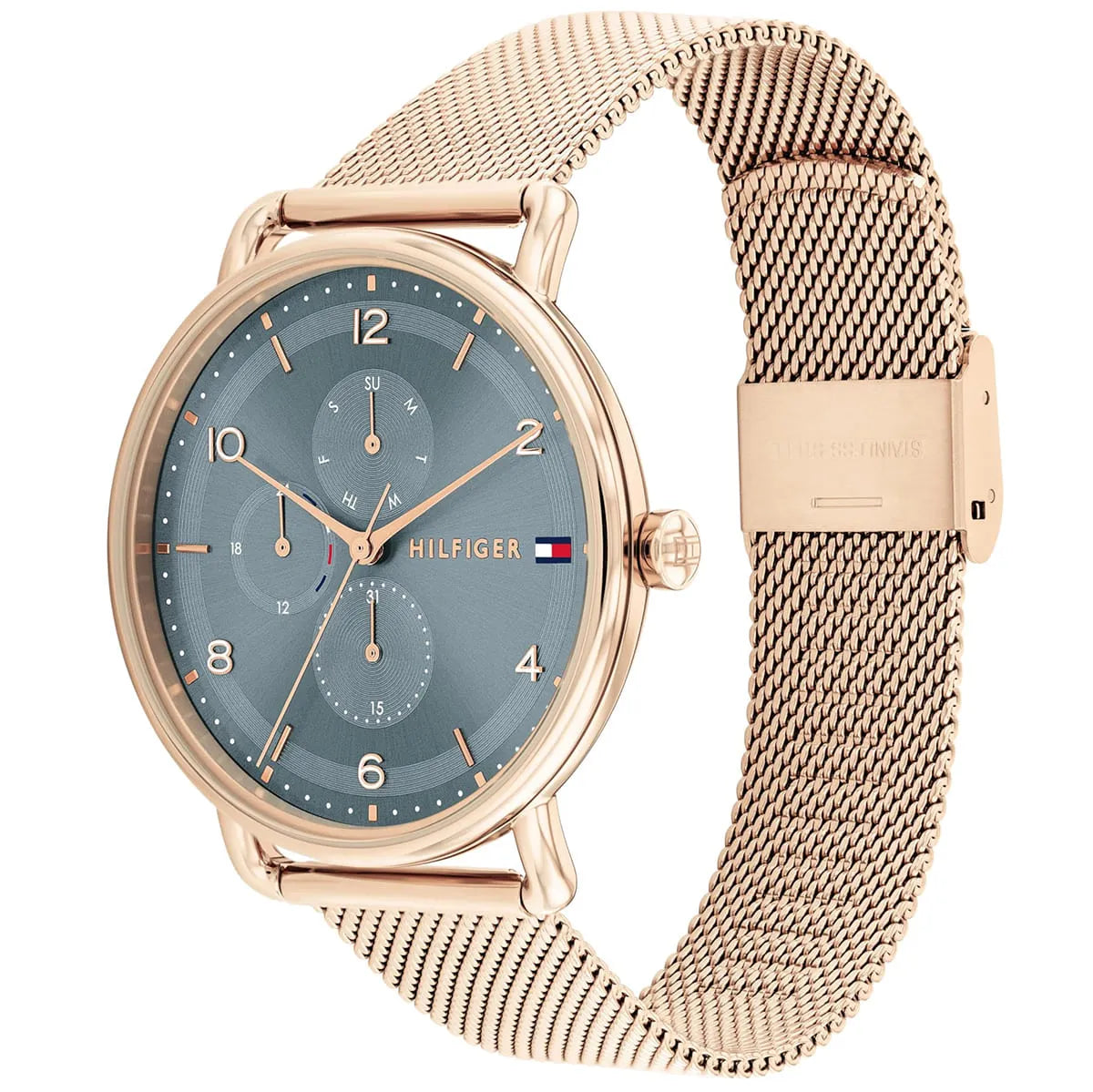 Tommy Hilfiger LILY watch at angle showing blue dial face and rose gold stainless steel mesh strap