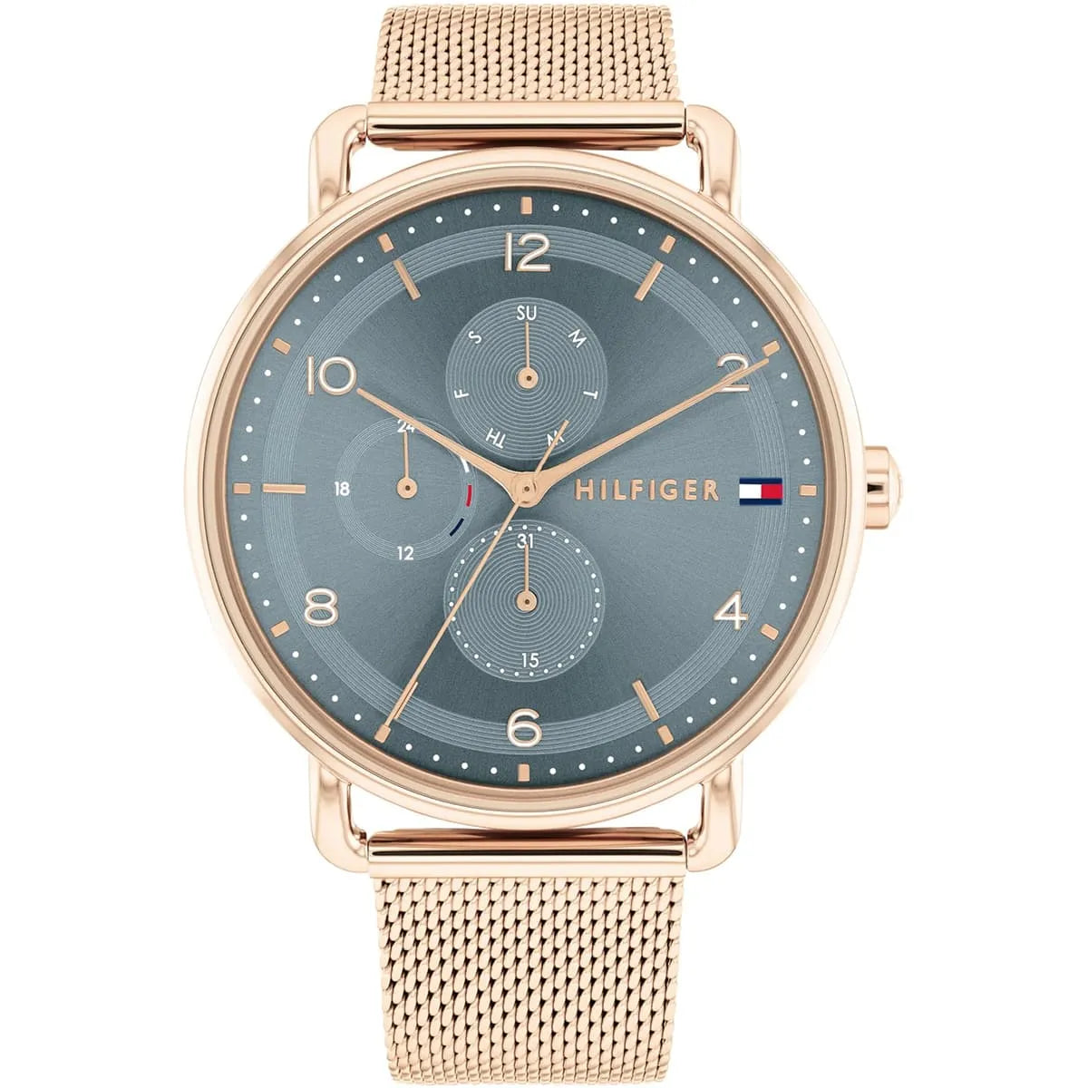 Tommy Hilfiger LILY women's watch with blue dial, rose gold case and mesh strap, front view