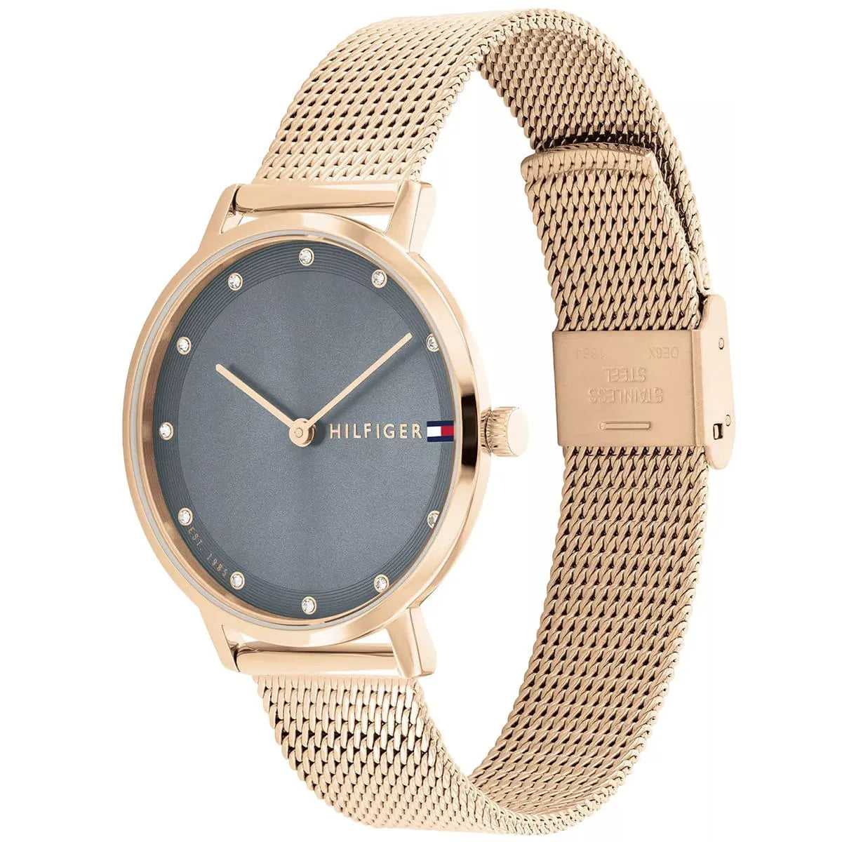 Side angle view of Tommy Hilfiger watch showing rose gold Milanese mesh strap and case