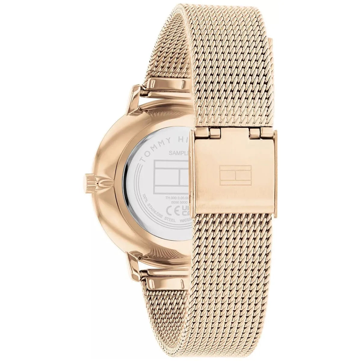 Case back view of Tommy Hilfiger watch showing rose gold stainless steel case with Milanese strap