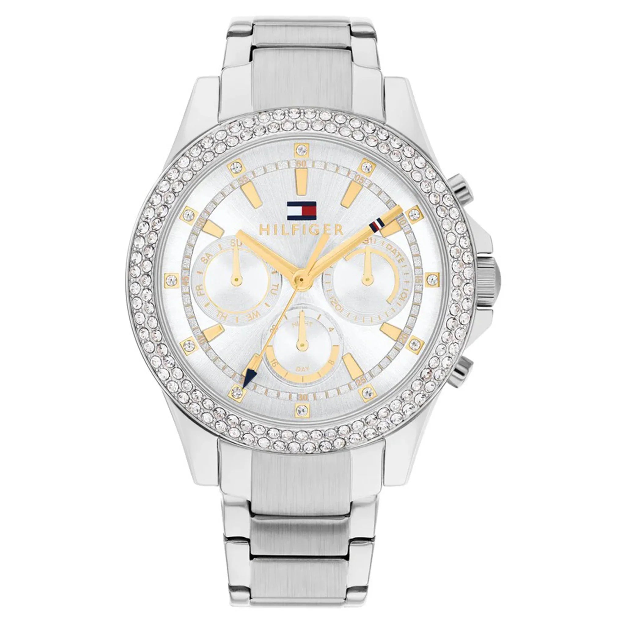 Tommy Hilfiger 1782677 men's chronograph watch with silver tone case, crystal bezel, white dial and steel bracelet