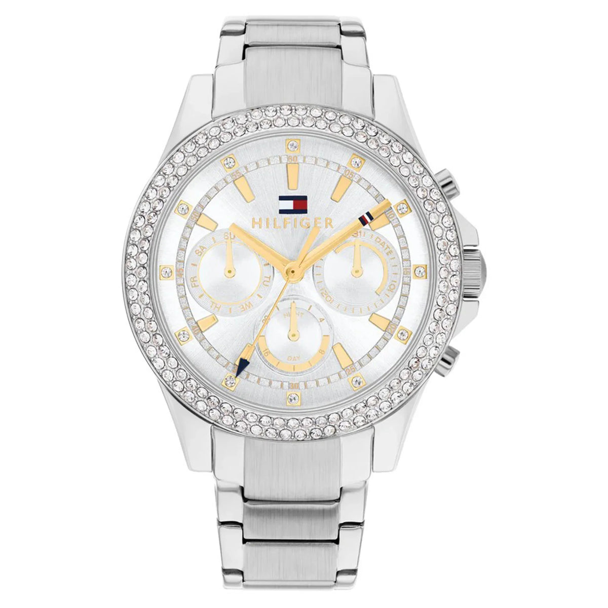 Tommy Hilfiger 1782677 men's chronograph watch with silver tone case, crystal bezel, white dial and steel bracelet