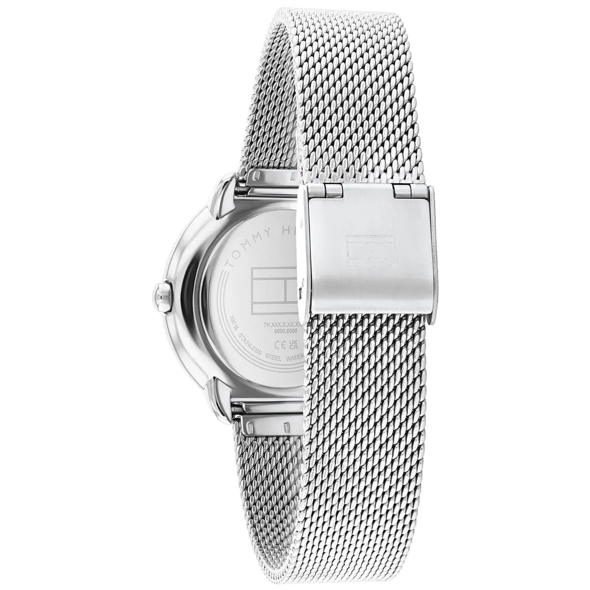 Tommy Hilfiger watch caseback showing stainless steel and mesh strap attachment