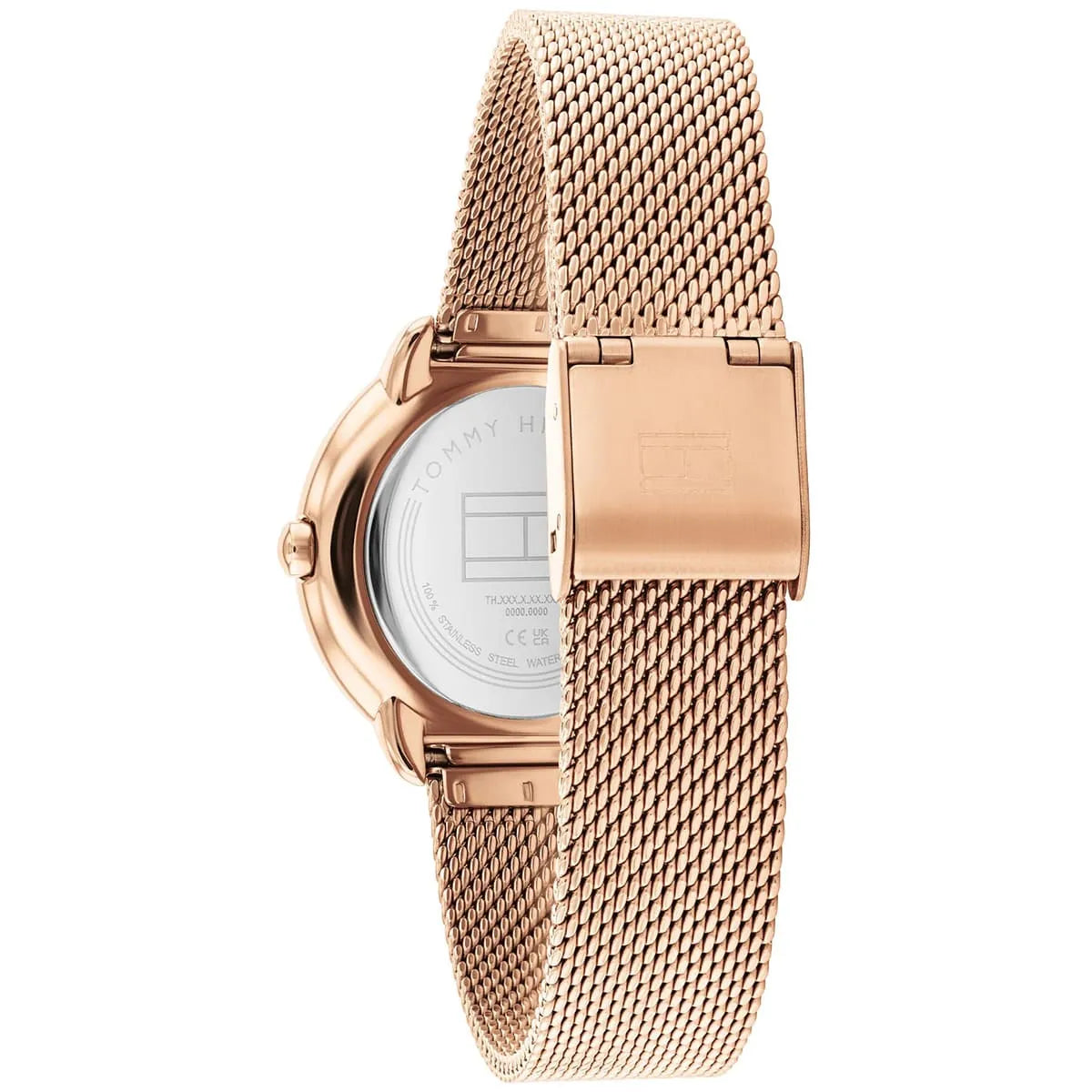 Tommy Hilfiger Demi watch caseback with rose gold mesh strap visible