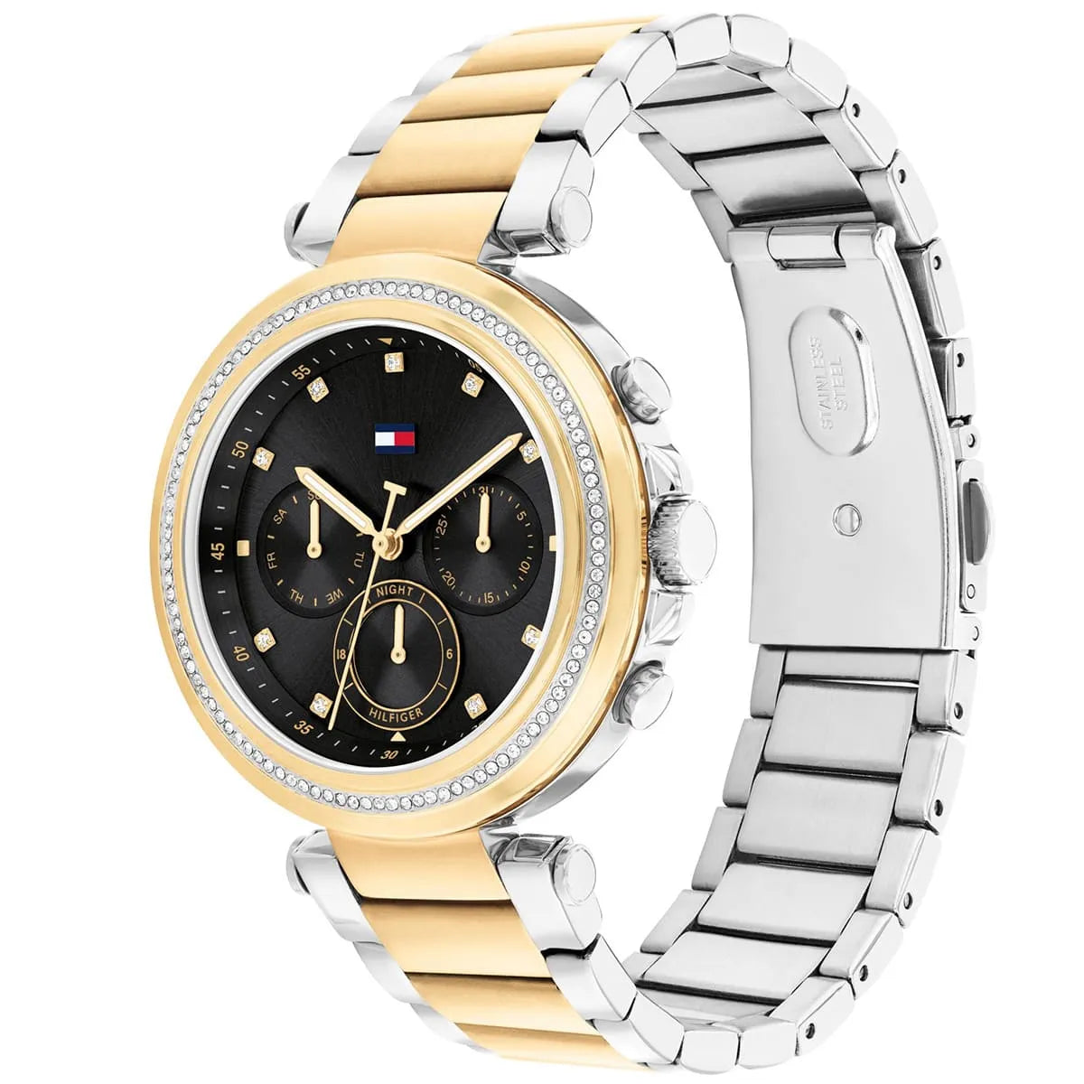 Side view of Tommy Hilfiger Emily chronograph watch showing two-tone stainless steel and gold bracelet