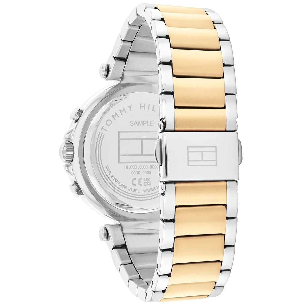 Case back of Tommy Hilfiger Emily watch showing stainless steel with gold accents