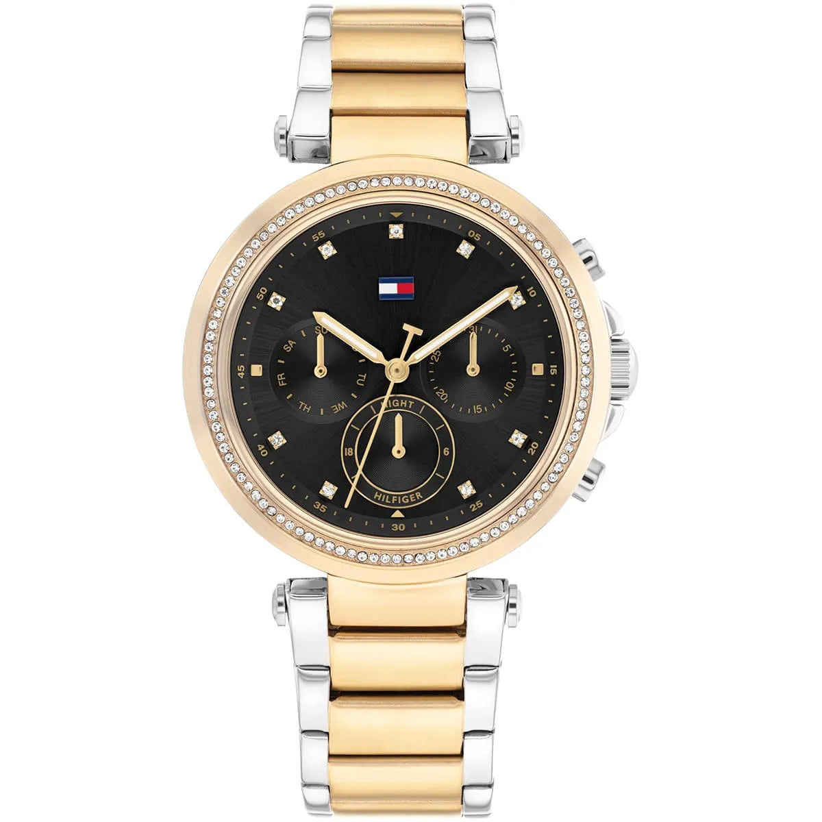 Tommy Hilfiger Emily women's watch with black chronograph dial, two-tone silver and gold bracelet, crystal bezel