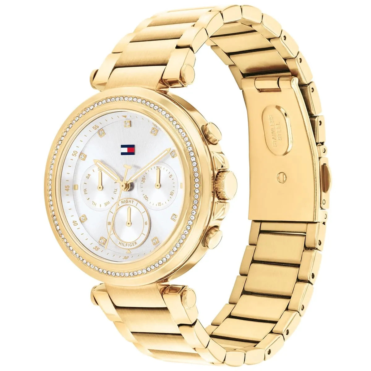 Tommy Hilfiger Emily watch angled side view showing link bracelet and case profile