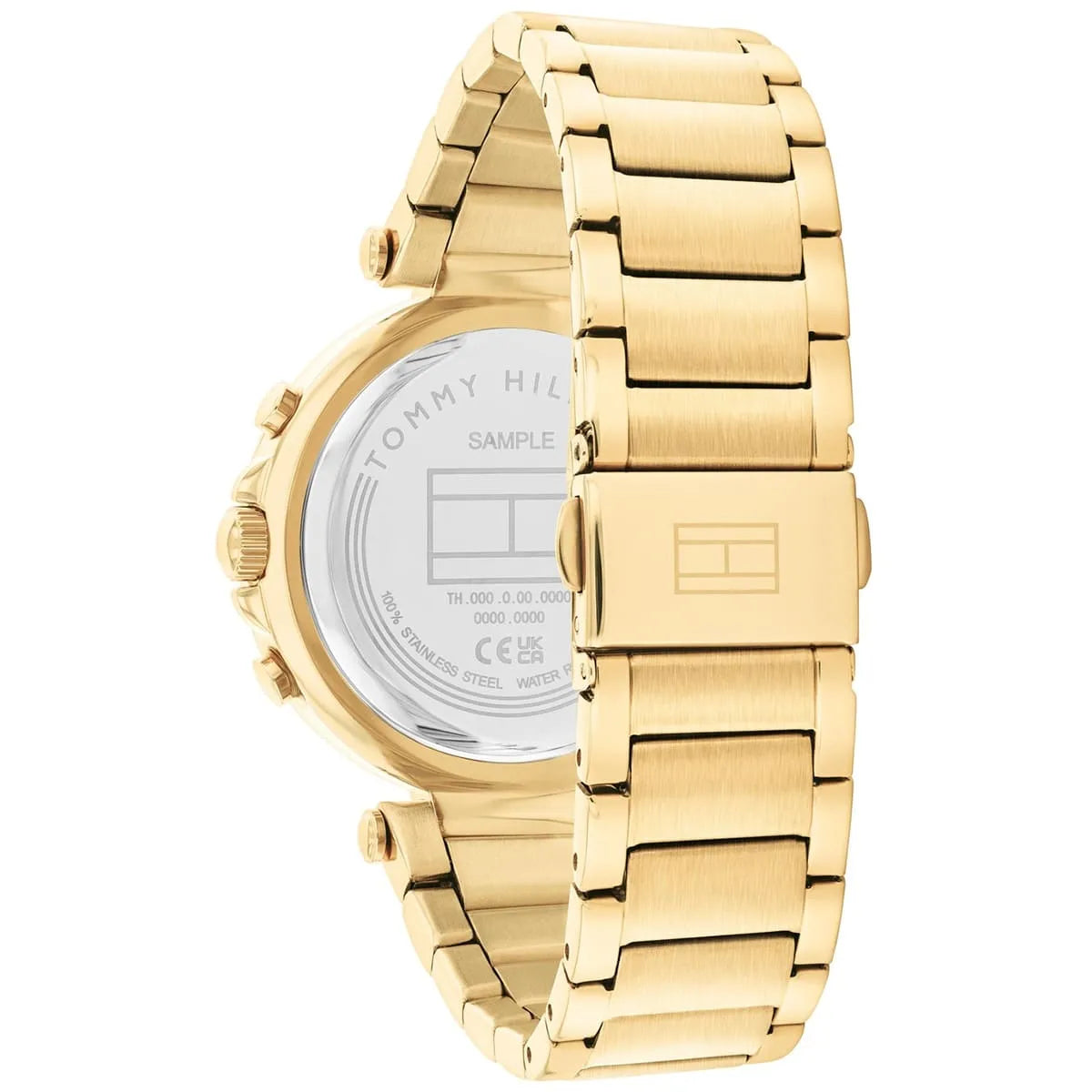 Tommy Hilfiger Emily watch case back showing stainless steel engraving and gold-tone link bracelet