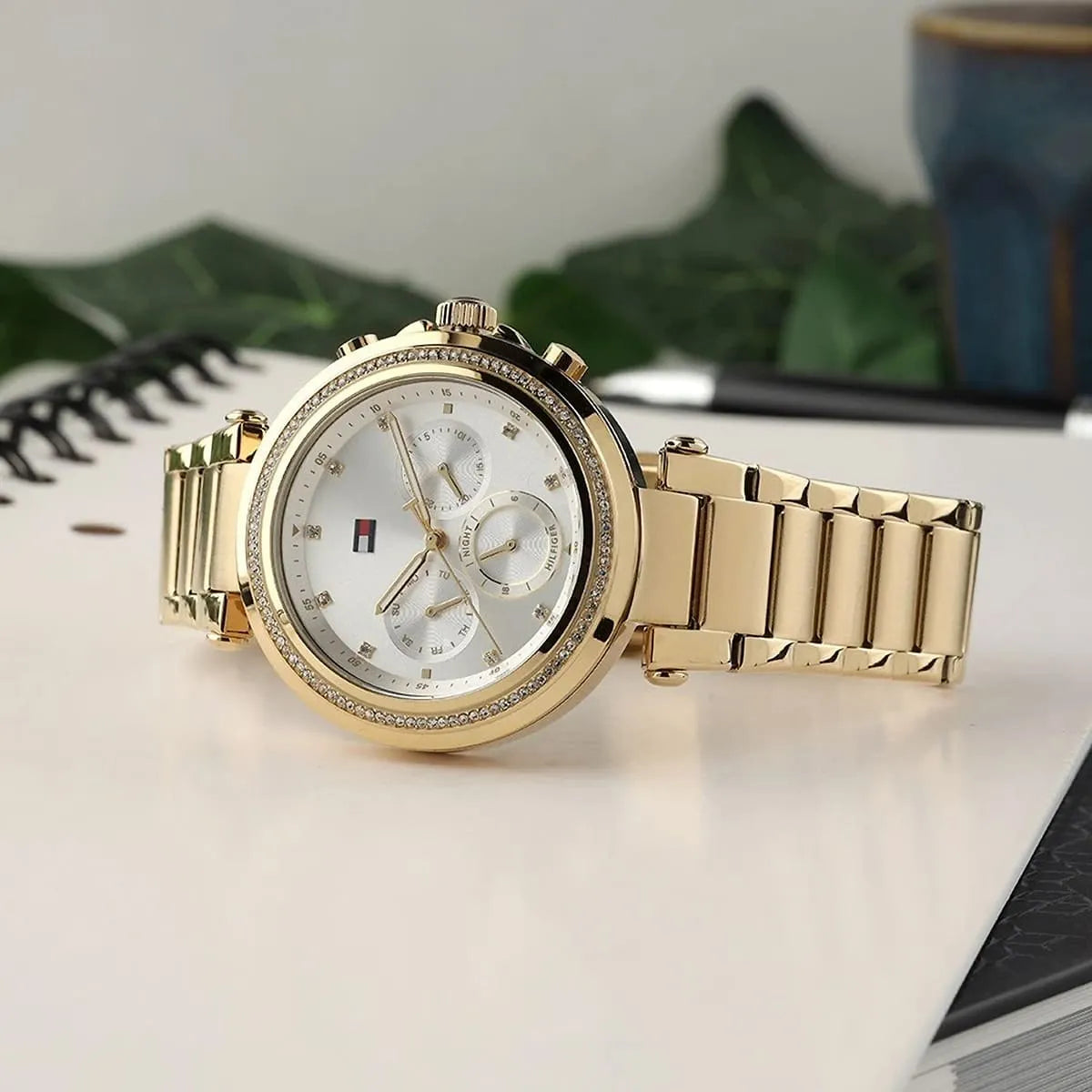 Tommy Hilfiger Emily watch on wrist showing chronograph subdials and diamond-style crystal markers