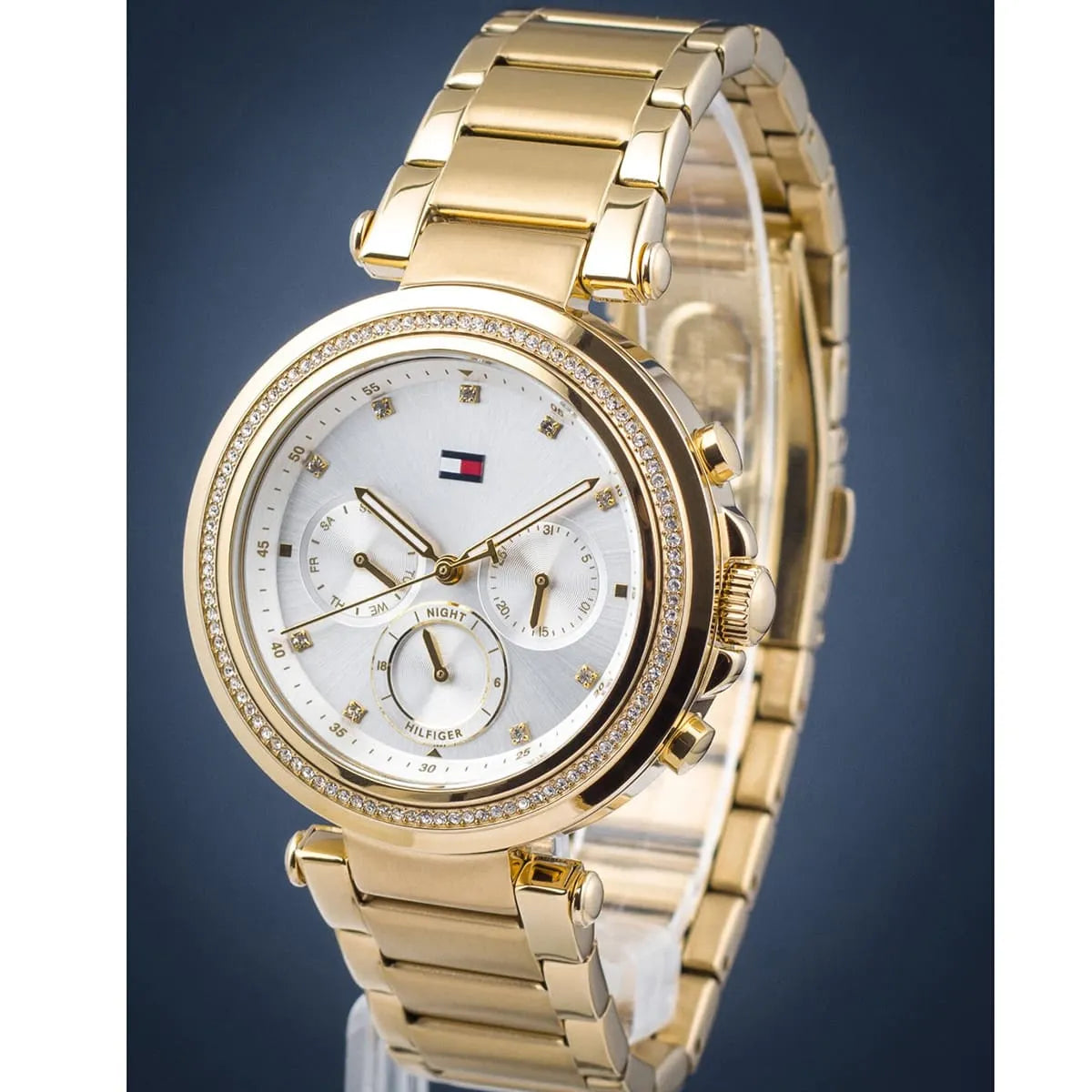 Tommy Hilfiger Emily chronograph watch worn at angle with crystal bezel and subdials visible