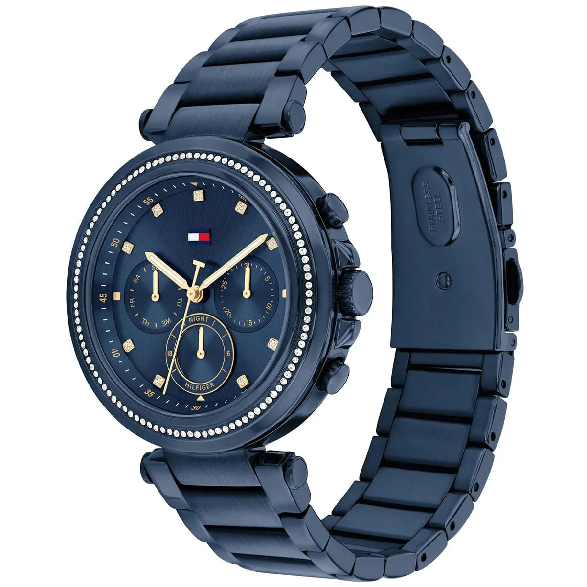 Tommy Hilfiger Emily watch side view showing navy metal bracelet and case profile