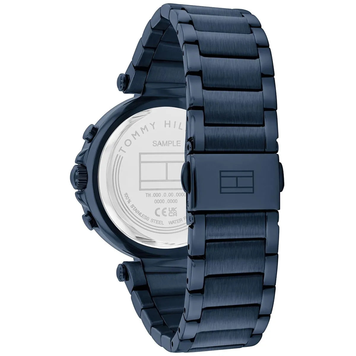 Tommy Hilfiger Emily watch caseback showing stainless steel back and navy bracelet