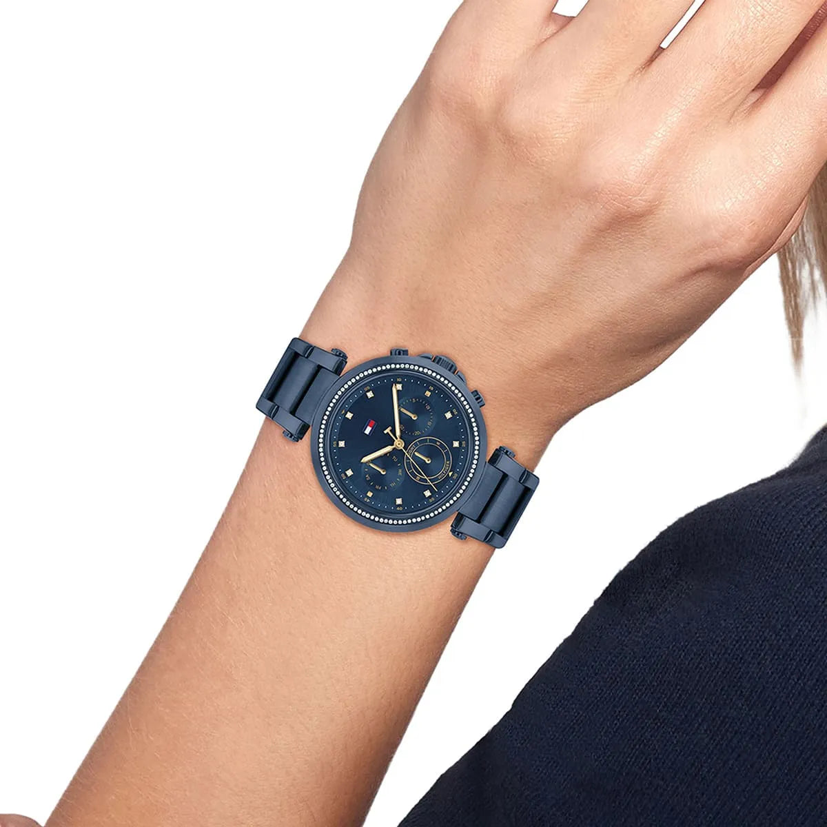 Tommy Hilfiger Emily ladies watch on wrist showing navy dial and chronograph subdials