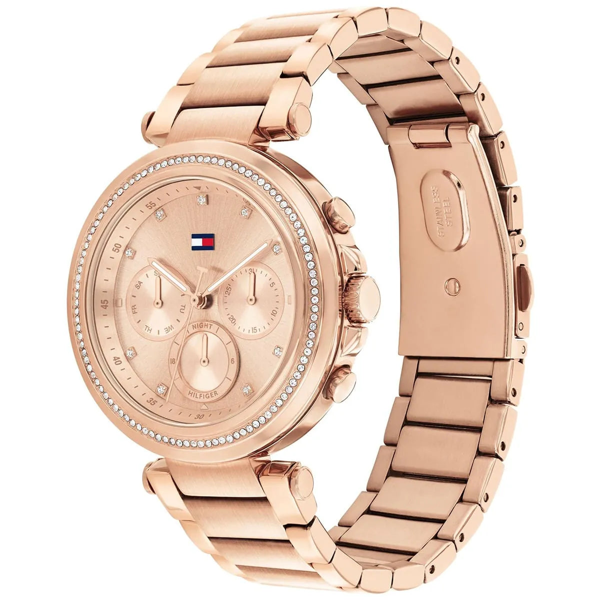 Side angle view of rose gold multifunction watch with metal strap and chronograph subdials