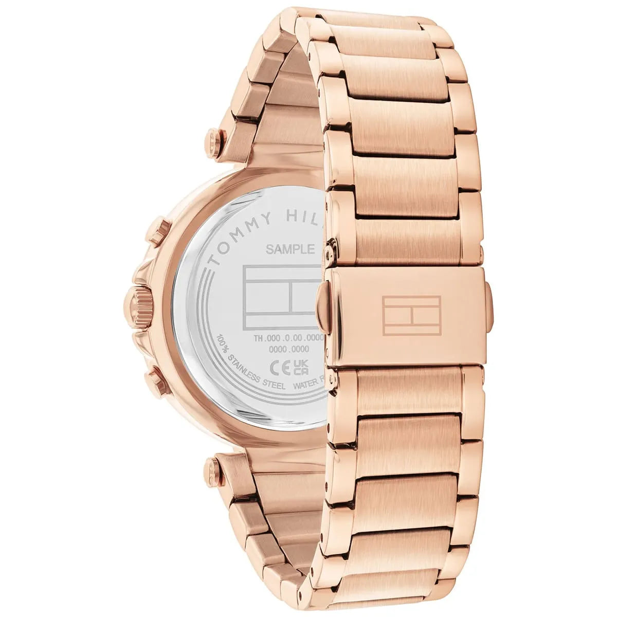 Caseback view showing Tommy Hilfiger branding and stainless steel rose gold case